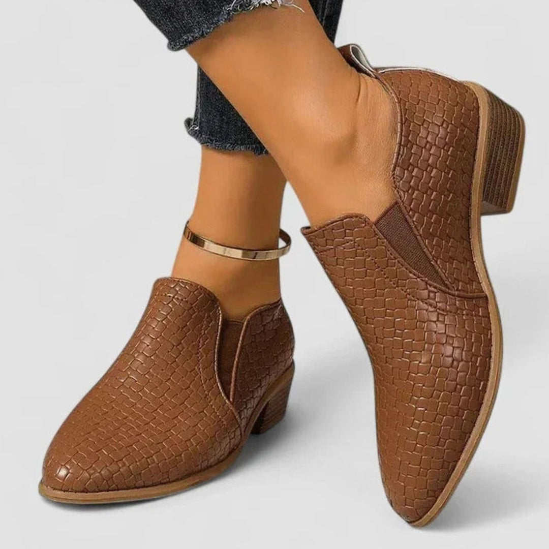 Women's Orthopedic Slip-On Woven-Embossed Low-Heel Ankle Boots - Dark Brown