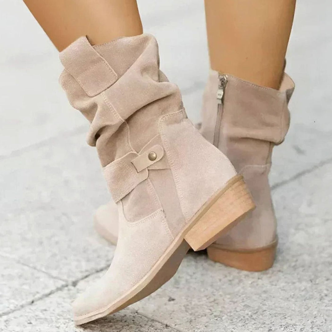 Women's Orthopedic Slouch Boots Faux-Suede Wide-Fit Side-Zip Block Heel - Beige