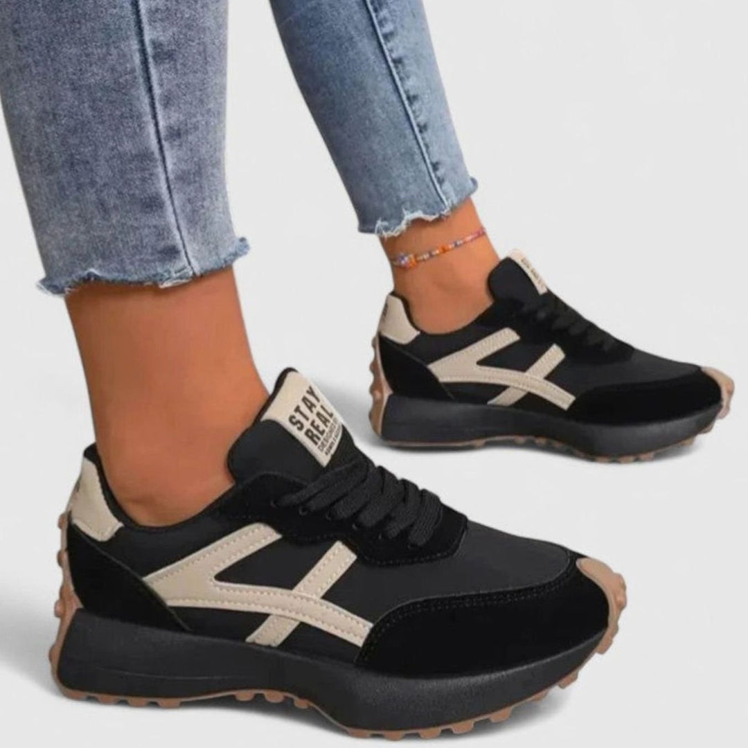 Women's Orthopedic Sneakers Cushioned Insole Slip-Resistant Retro Runners - Black / Beige