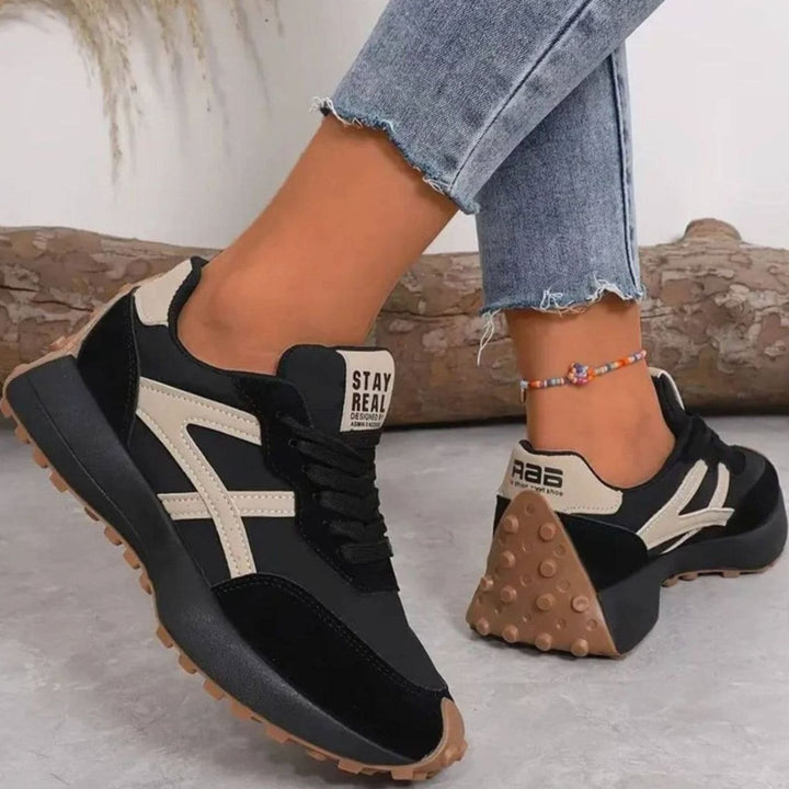 Women's Orthopedic Sneakers Lace-Up Platform Trainers - Black - Beige
