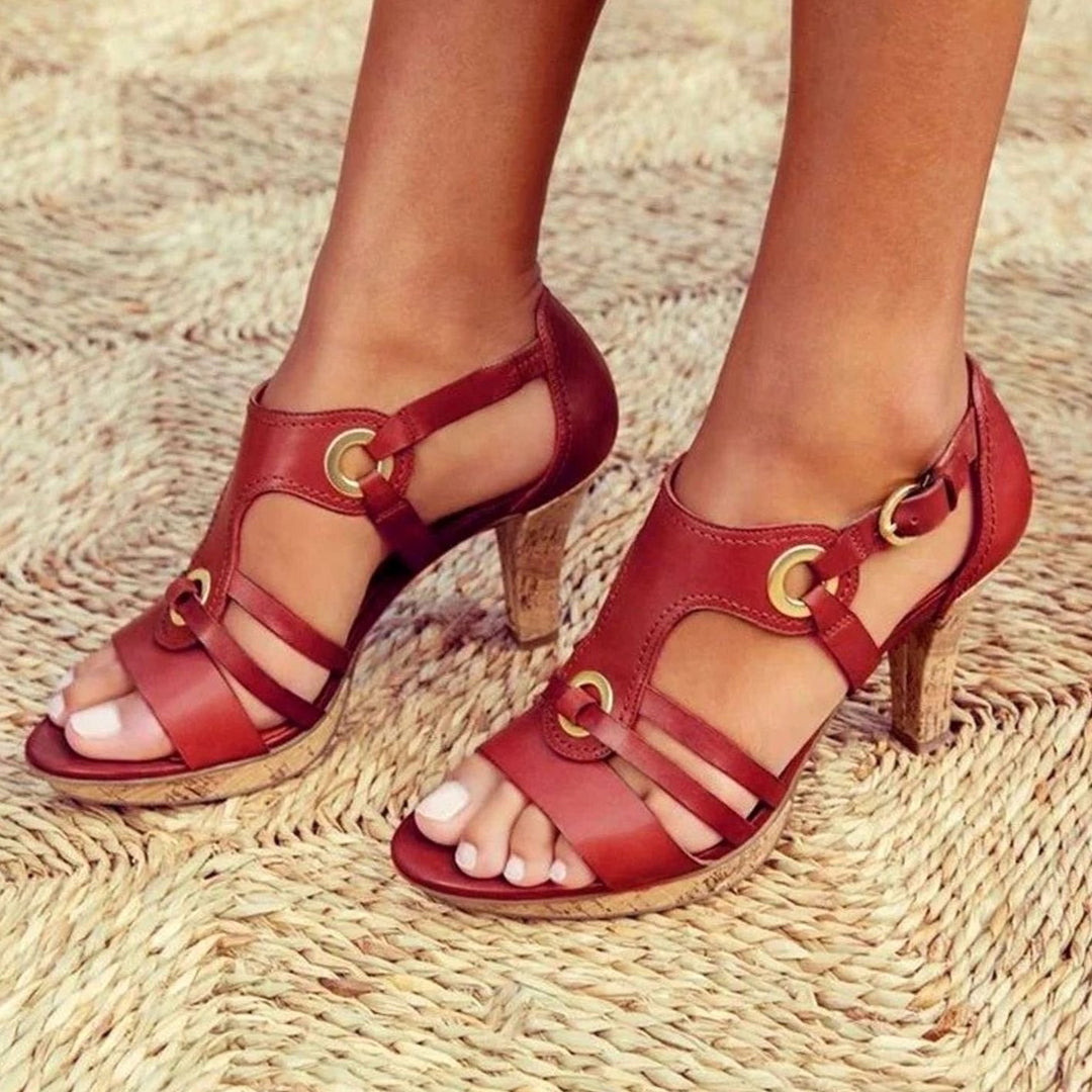 Women's Orthopedic Strappy Heel Sandal Gold-Grommet Buckle Strap - Scarlet Red