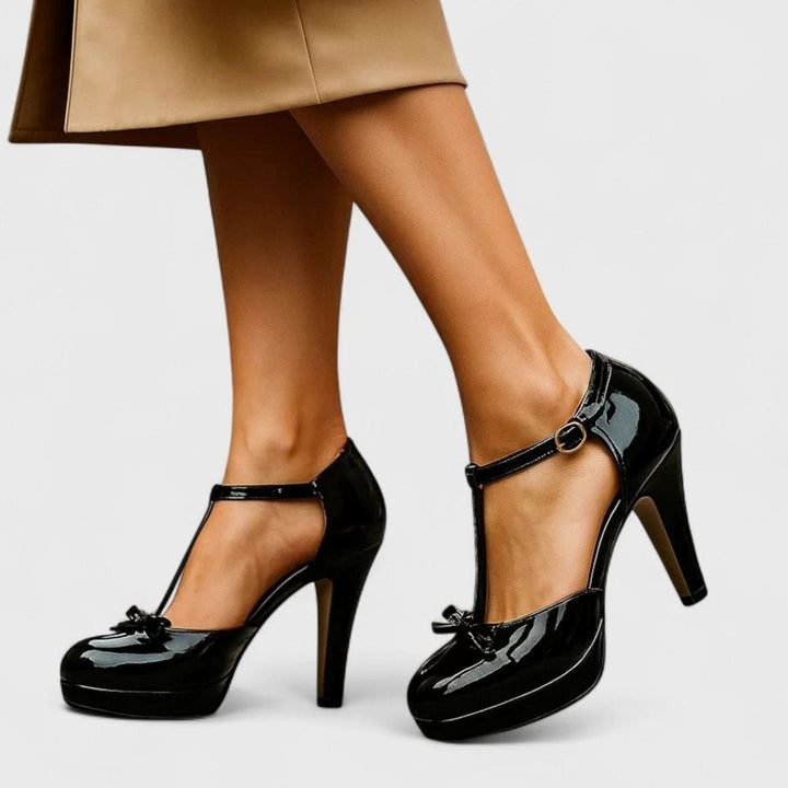 Women's Orthopedic T-Strap Platform Stiletto Heels Bow Detail - Black