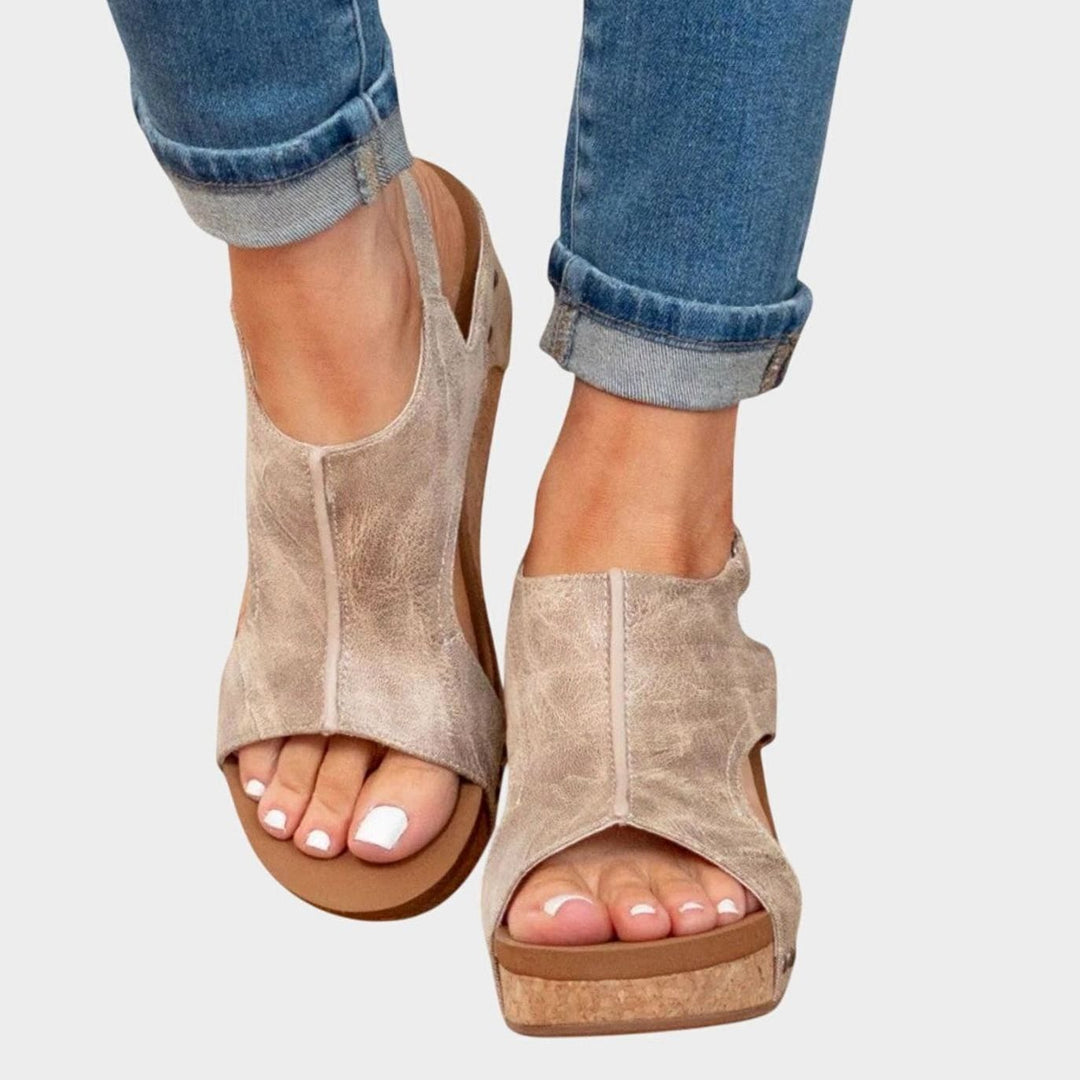 Women's Orthopedic Wedge Sandals Cushioned Open-Toe Buckle Platform - Beige