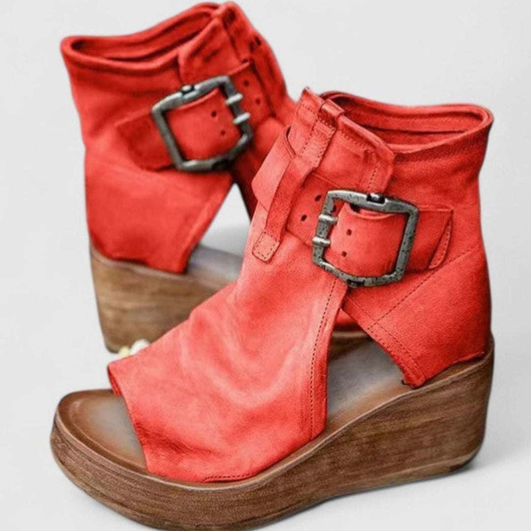 Women's Orthopedic Wedge Sandals Triple Arch Support Buckle Platform - Red