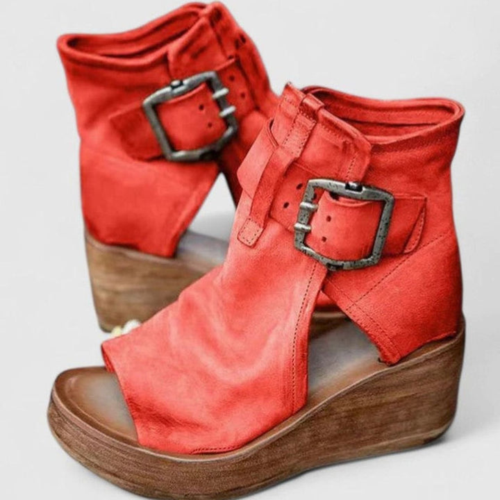Women's Orthopedic Wedge Sandals Triple Arch Support Buckle Platform - Red