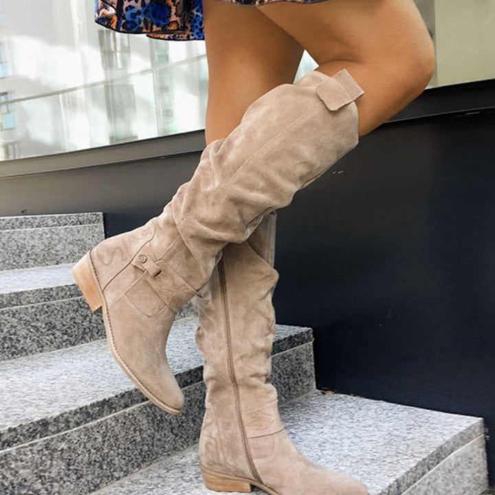 Women's Over-the-Knee Suede-Look Low-Heel Fashion Boots - Beige