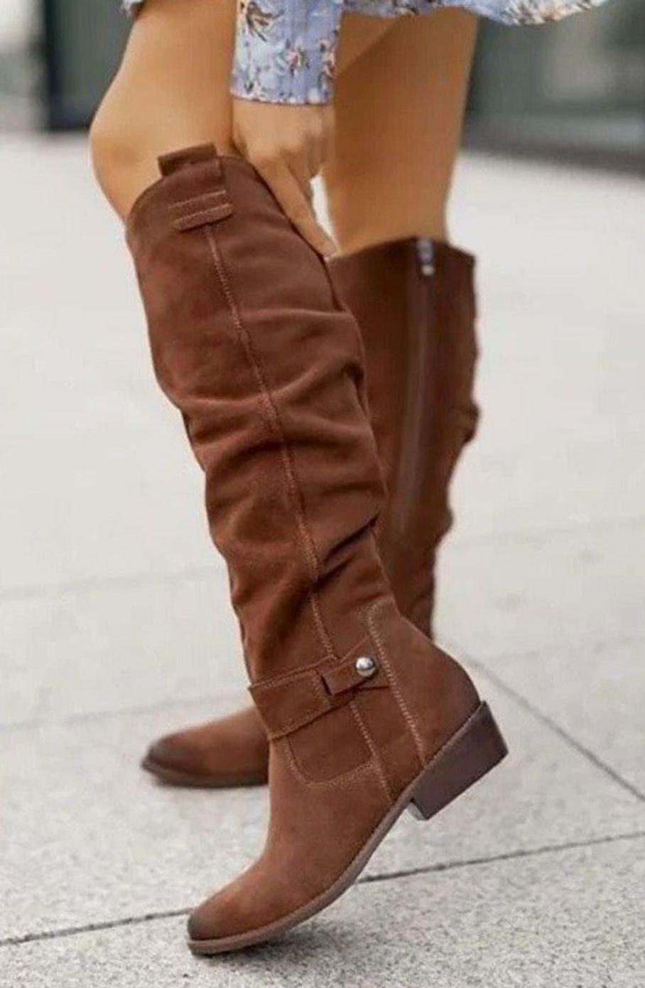 Women's Over-the-Knee Suede-Look Low-Heel Fashion Boots - Brown