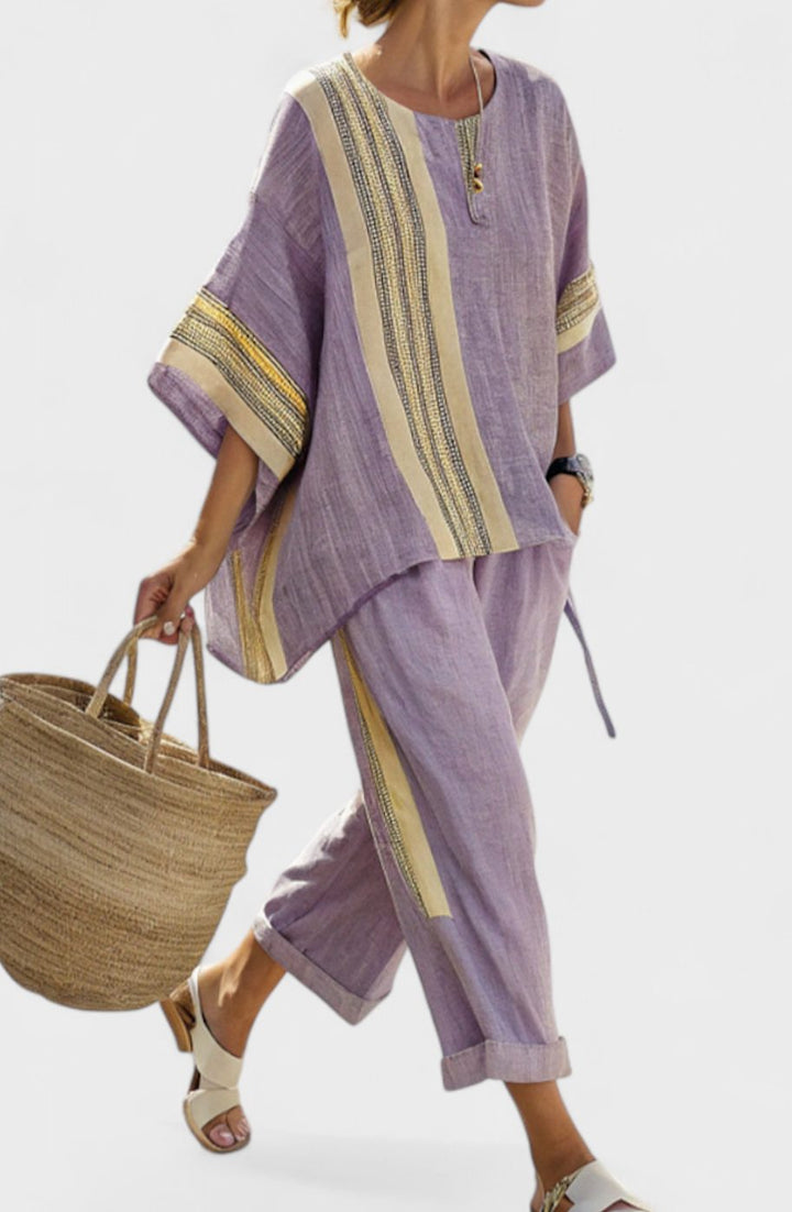 Women's Oversized Lavender Top Bamboo Linen Striped Two-Piece Set - Purple