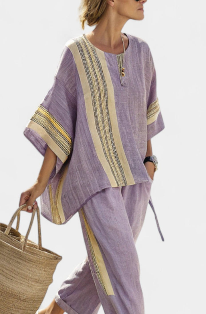 Women's Oversized Lavender Top Bamboo Linen Striped Two-Piece Set