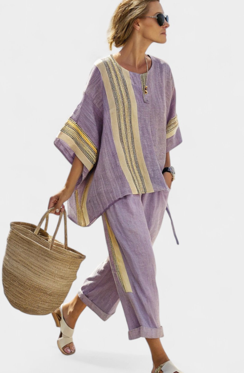 Women's Oversized Lavender Top Bamboo Linen Striped Two-Piece Set
