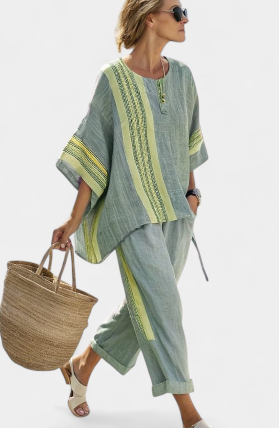 Women's Oversized Lavender Top Bamboo Linen Striped Two-Piece Set - Green