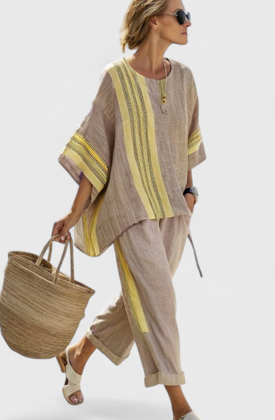 Women's Oversized Lavender Top Bamboo Linen Striped Two-Piece Set - Yellow