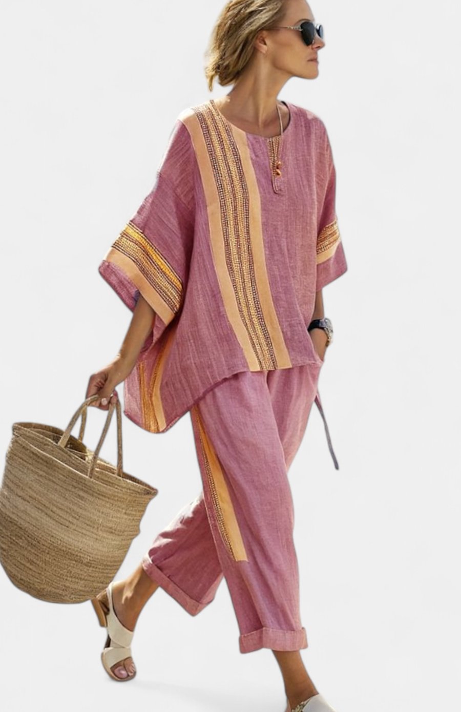 Women's Oversized Lavender Top Bamboo Linen Striped Two-Piece Set - Red