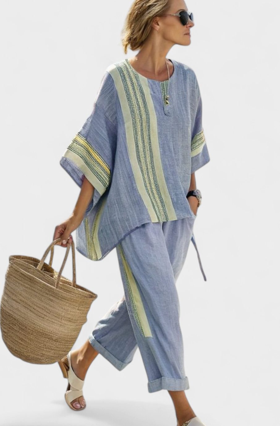 Women's Oversized Lavender Top Bamboo Linen Striped Two-Piece Set - Blue