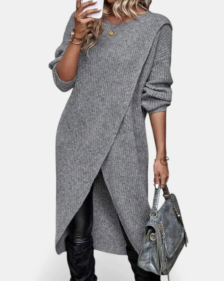 Women's Oversized Long-Sleeve Tulip-Hem Knit Sweater Dress - Gray