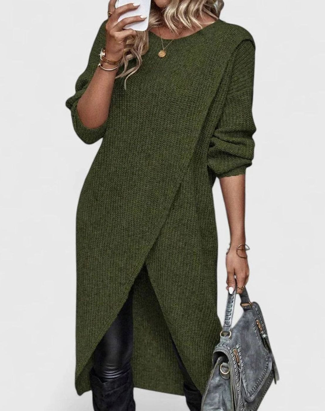 Women's Oversized Long-Sleeve Tulip-Hem Knit Sweater Dress - Green