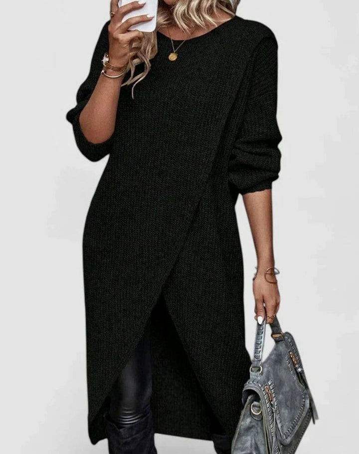 Women's Oversized Long-Sleeve Tulip-Hem Knit Sweater Dress - Black