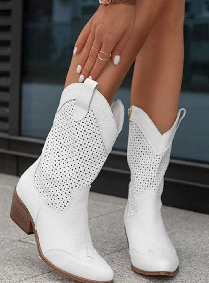 Women's Perforated Side-Zip Block Heel Western Boots - White