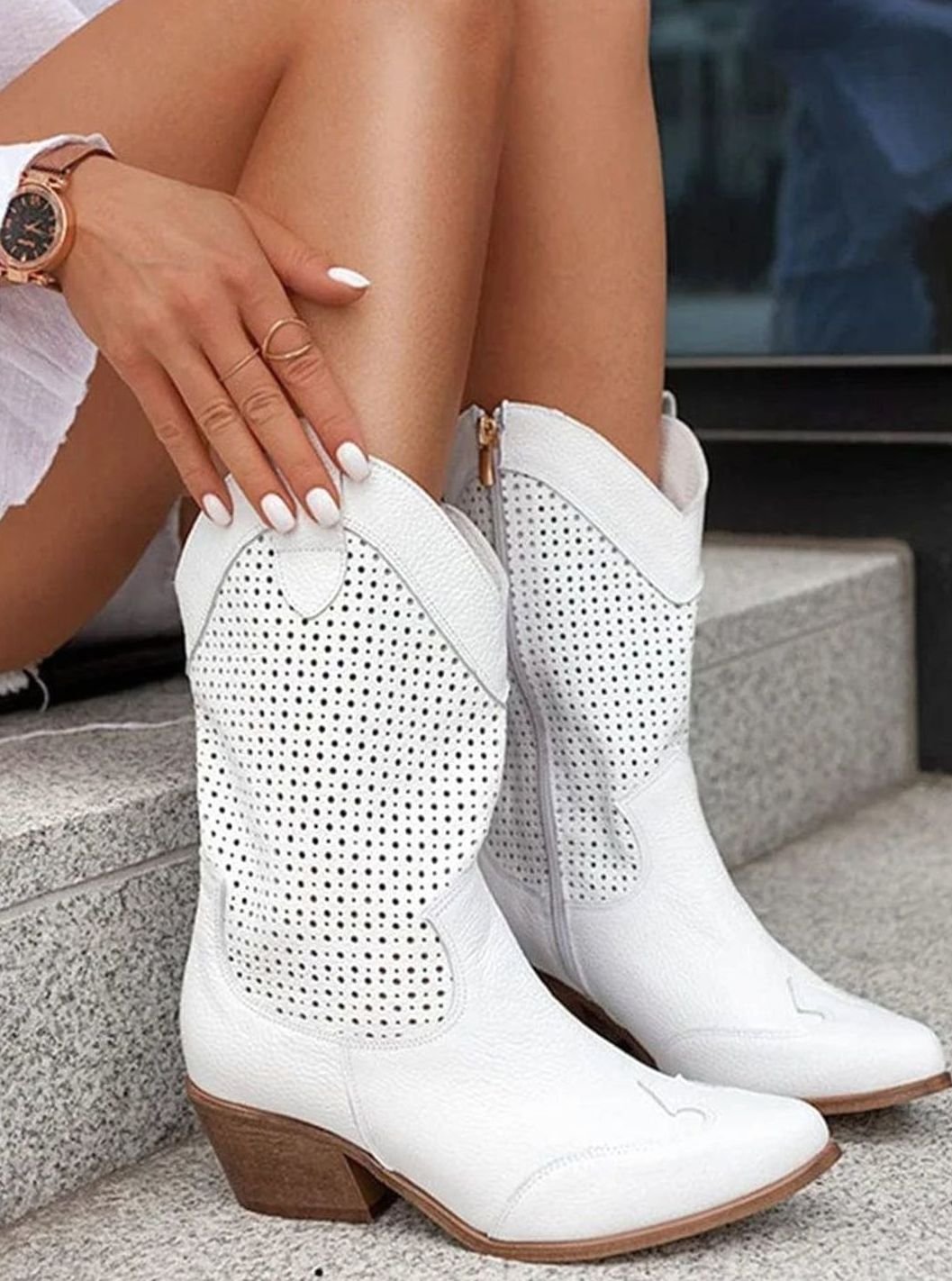 Women's Perforated Side-Zip Block Heel Western Boots