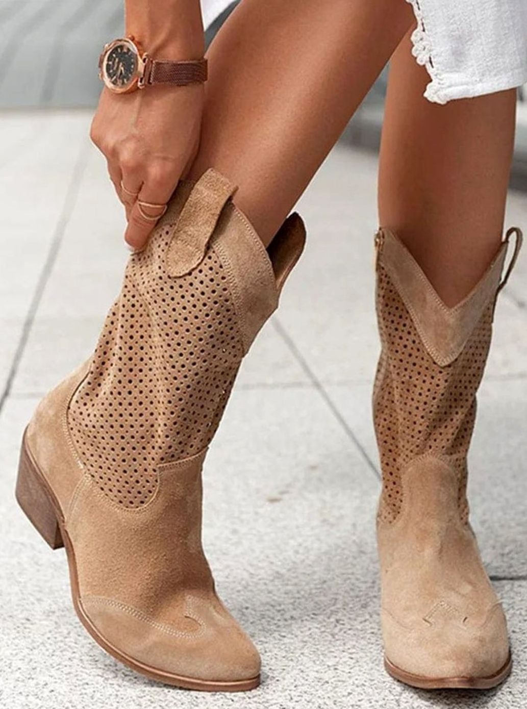 Women's Perforated Side-Zip Block Heel Western Boots
