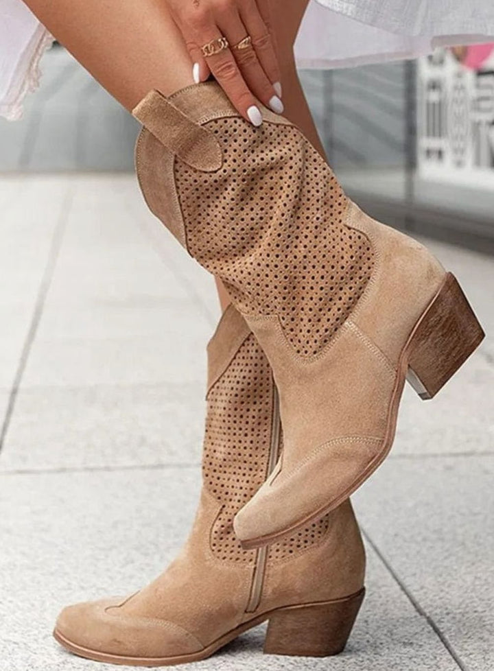 Women's Perforated Side-Zip Block Heel Western Boots - Brown