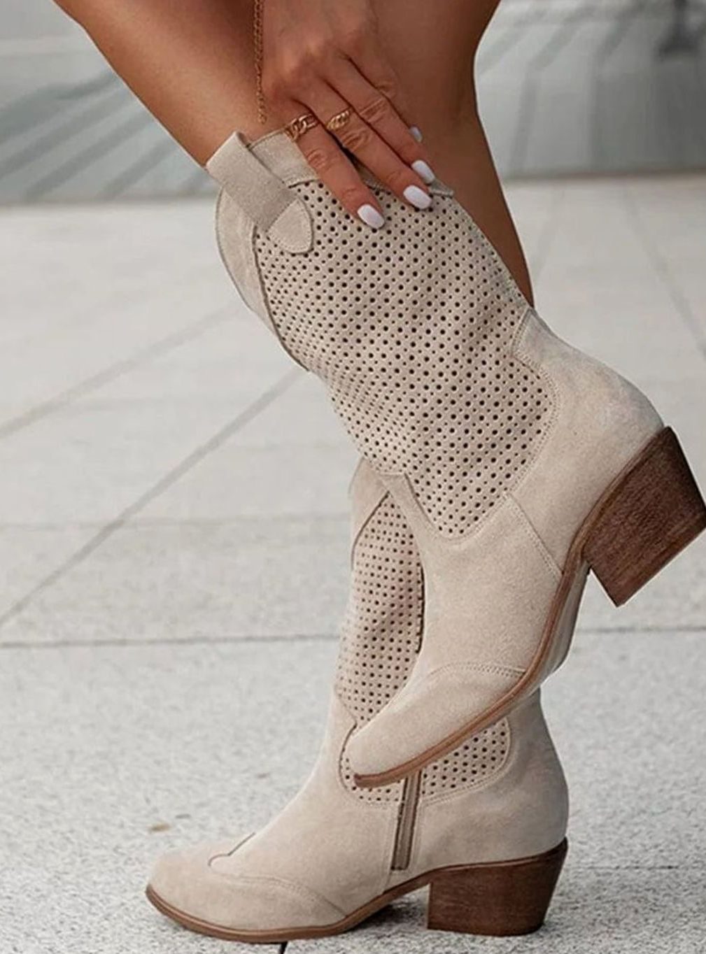 Women's Perforated Side-Zip Block Heel Western Boots