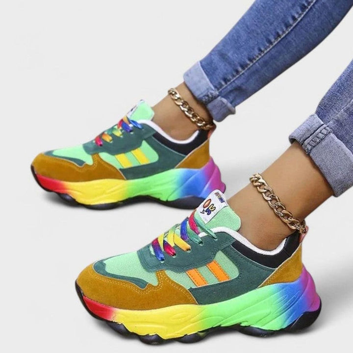 Women's Rainbow Colorblock Chunky Lace-Up Orthopedic Sneakers - Green