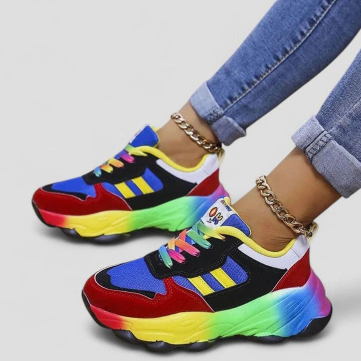 Women's Rainbow Colorblock Chunky Lace-Up Orthopedic Sneakers - Blue