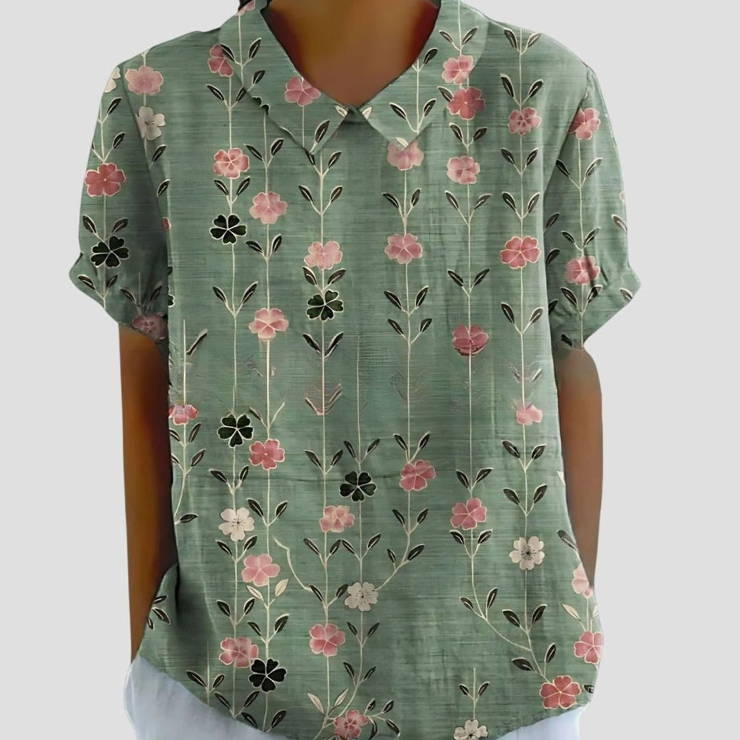 Women's Relaxed-Fit Floral Print Short-Sleeve Blouse - Green Floral Print