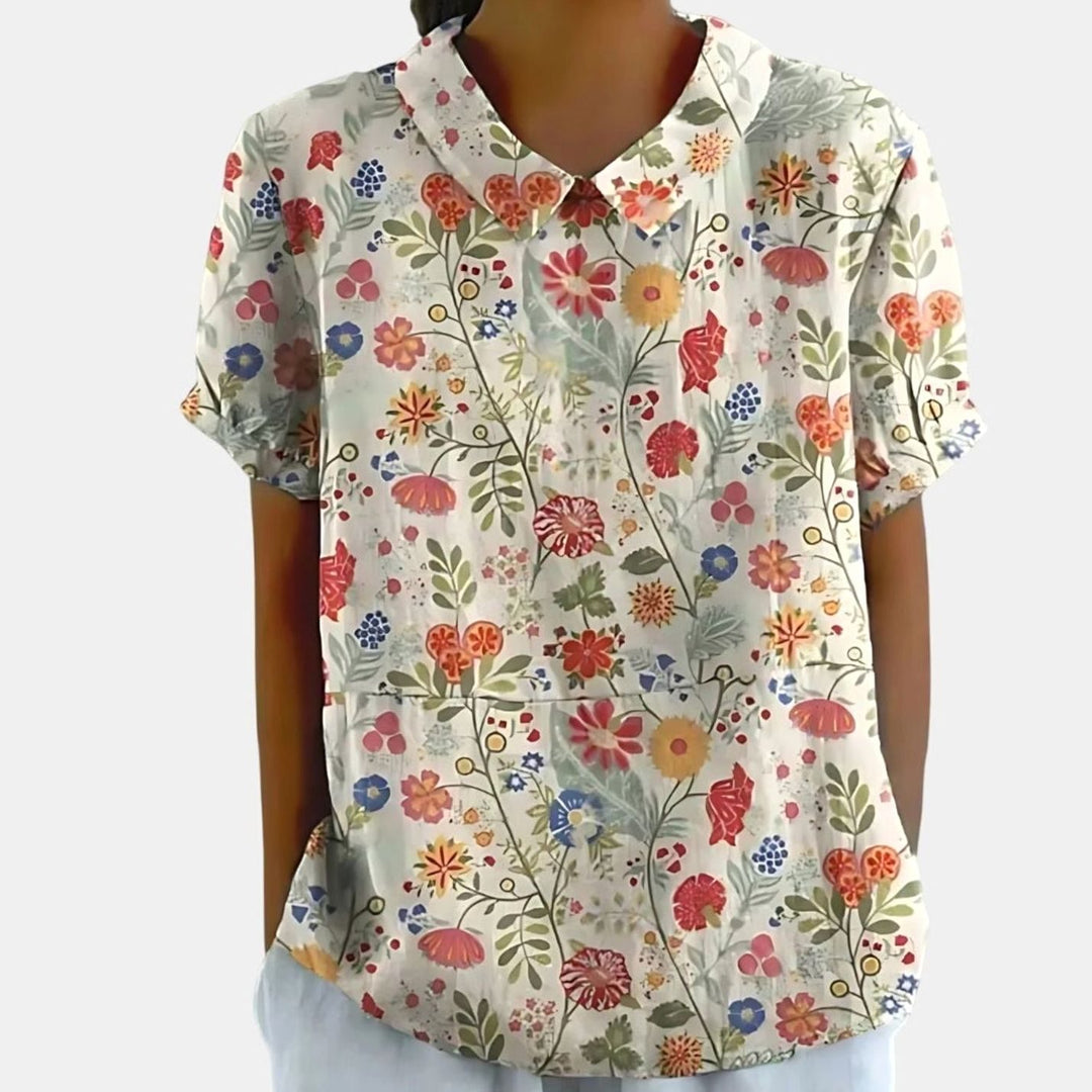 Women's Relaxed-Fit Floral Print Short-Sleeve Blouse - Light Pink with Floral Print