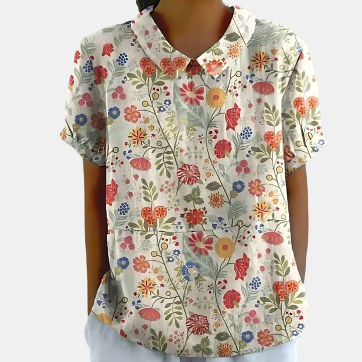 Women's Relaxed-Fit Floral Print Short-Sleeve Blouse - Light Pink with Floral Print