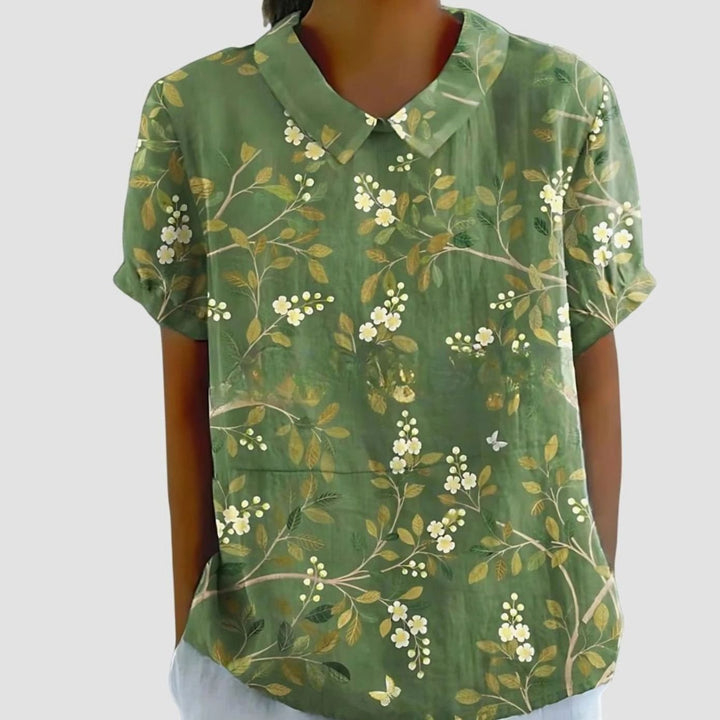Women's Relaxed-Fit Floral Print Short-Sleeve Blouse - Green 2