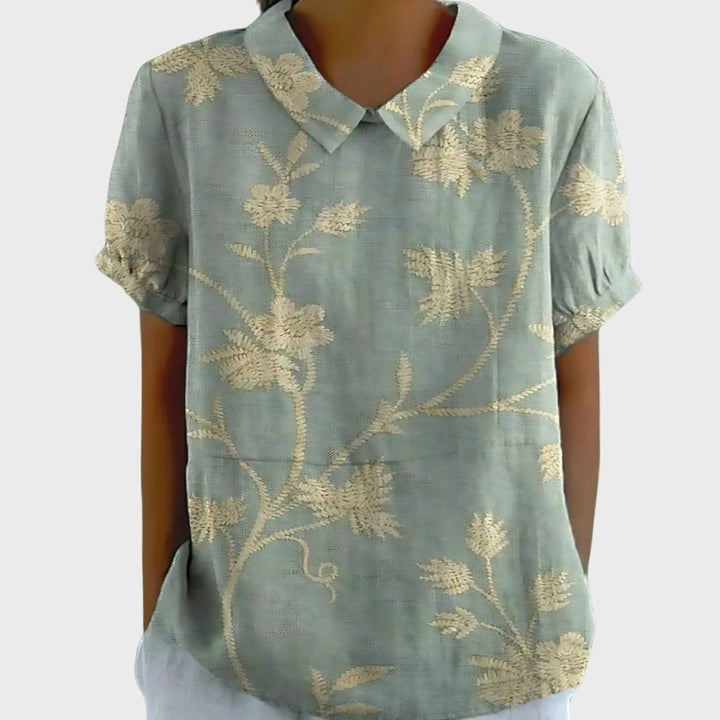 Women's Relaxed-Fit Floral Print Short-Sleeve Blouse - Yellowish Green