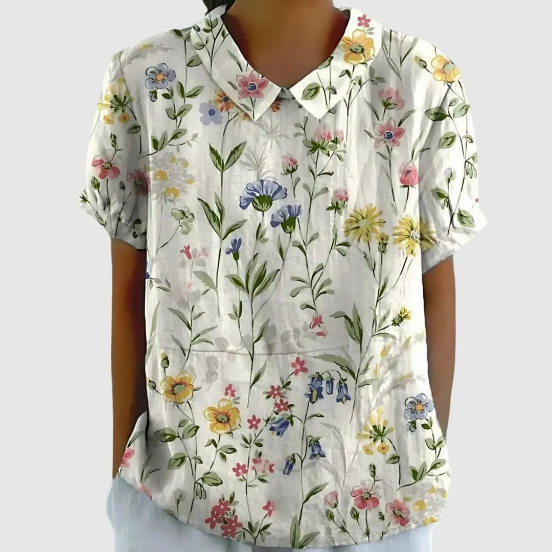Women's Relaxed-Fit Floral Print Short-Sleeve Blouse - White with Flowers