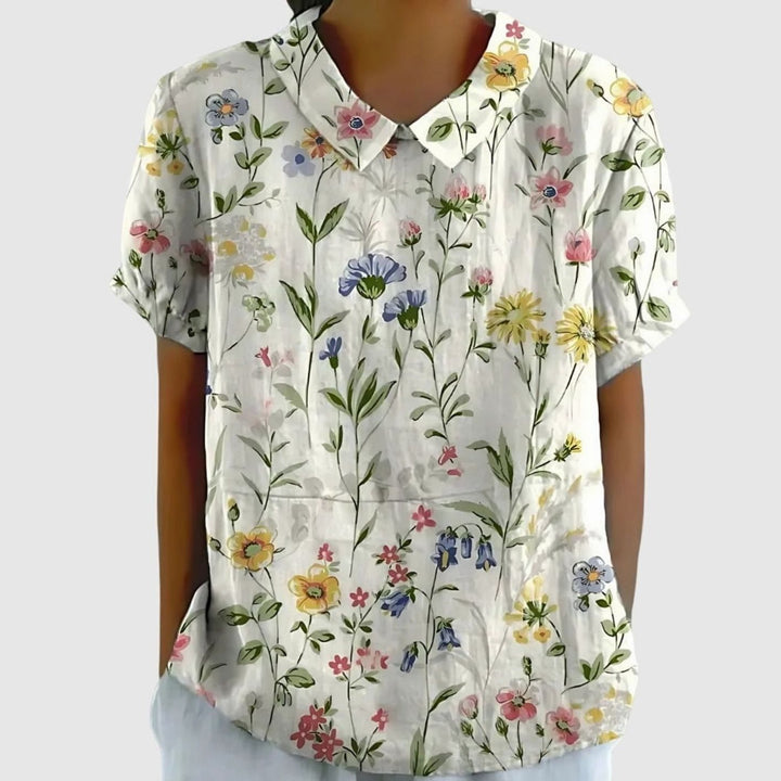 Women's Relaxed-Fit Floral Print Short-Sleeve Blouse - White with Flowers