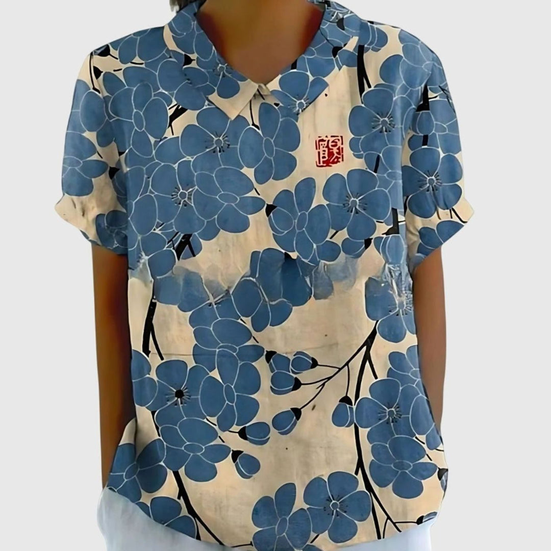Women's Relaxed-Fit Floral Print Short-Sleeve Blouse - Blue Flowers