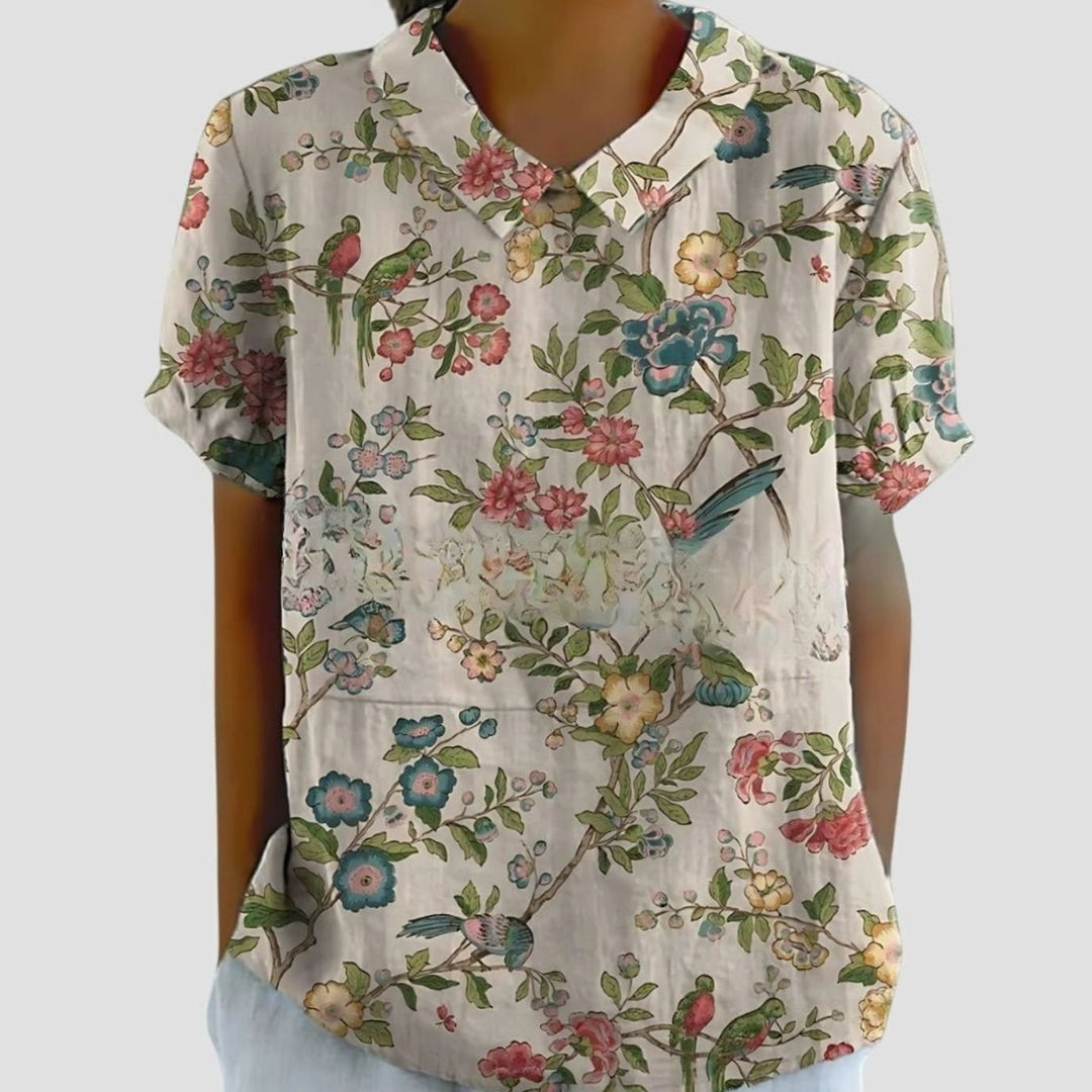 Women's Relaxed-Fit Floral Print Short-Sleeve Blouse - Gray