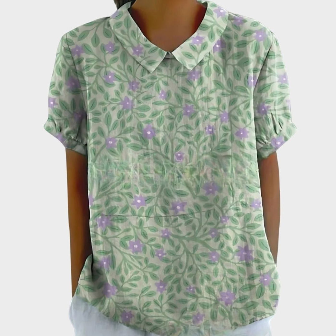 Women's Relaxed-Fit Floral Print Short-Sleeve Blouse - Green with Floral Print