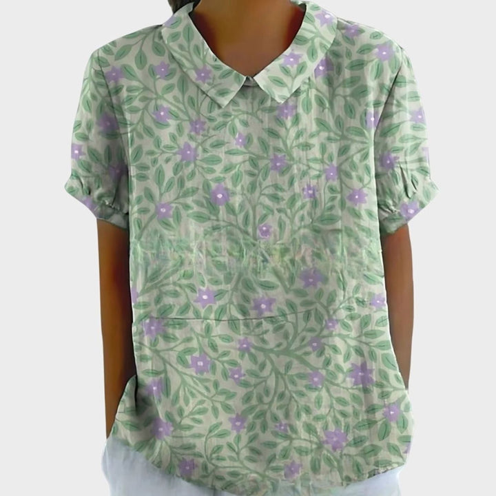Women's Relaxed-Fit Floral Print Short-Sleeve Blouse - Green with Floral Print