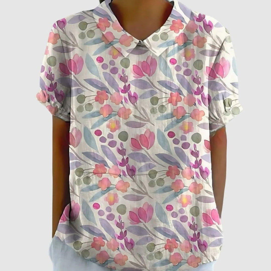Women's Relaxed-Fit Floral Print Short-Sleeve Blouse - Dark Pink