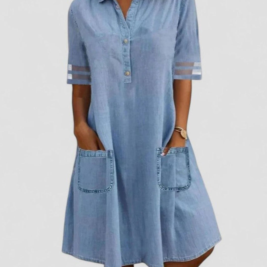 Women's Relaxed-Fit Half-Button Denim Dress Patch Pockets - Blue