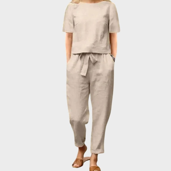 Women's Relaxed-Fit Short-Sleeve Drawstring Summer Co-Ord Set - Beige