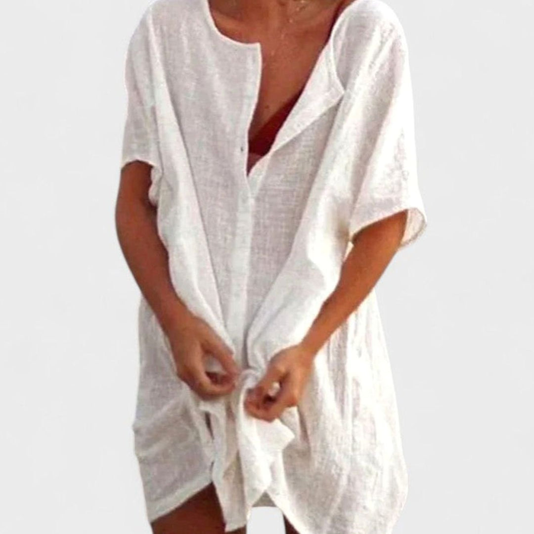 Women's Relaxed-Fit Short-Sleeve Open-Front Linen Tunic Dress