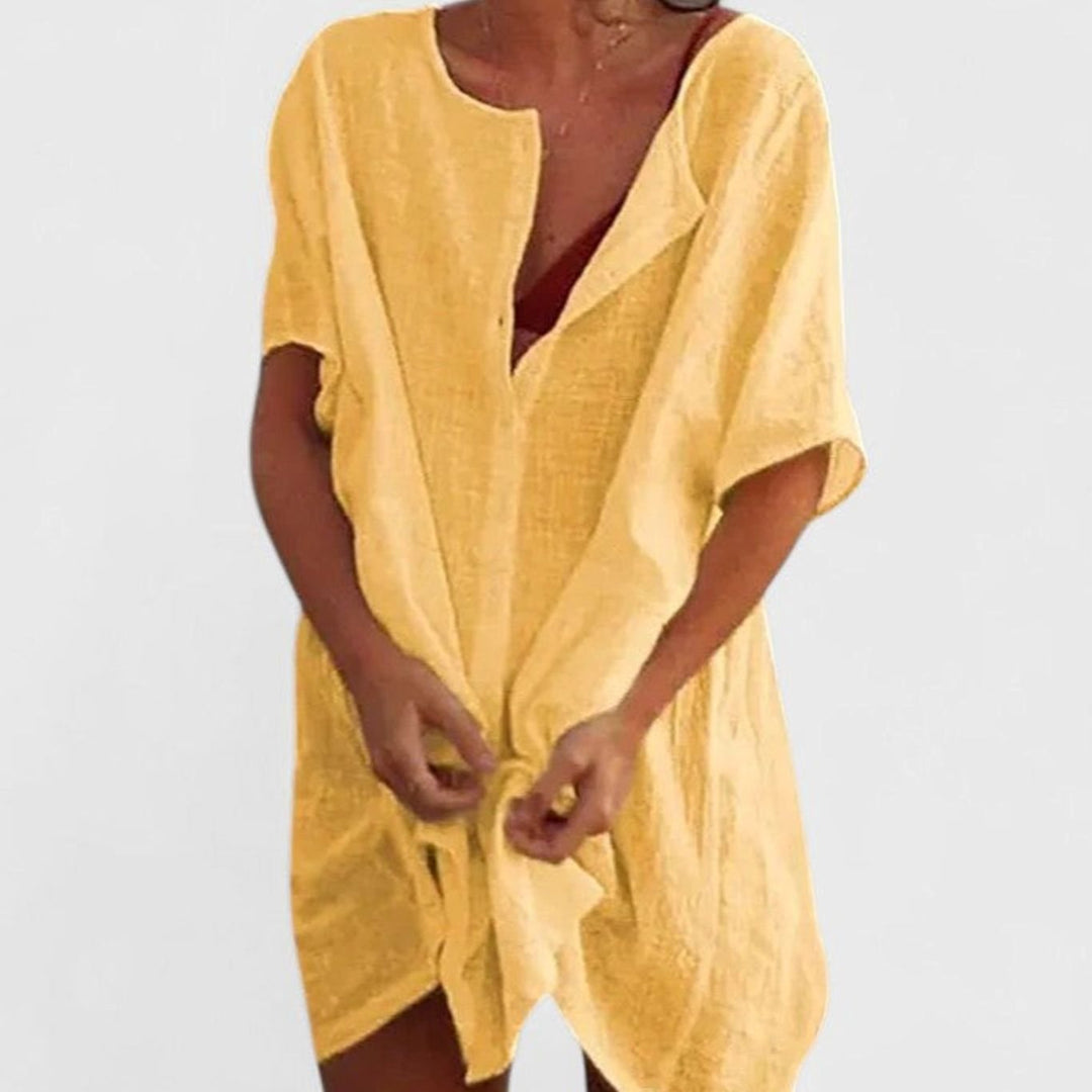 Women's Relaxed-Fit Short-Sleeve Open-Front Linen Tunic Dress - Yellow