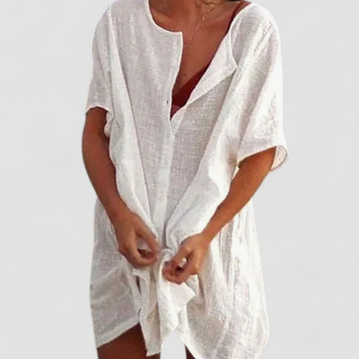 Women's Relaxed-Fit Short-Sleeve Open-Front Linen Tunic Dress - White