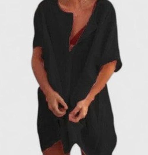 Women's Relaxed-Fit Short-Sleeve Open-Front Linen Tunic Dress - Black