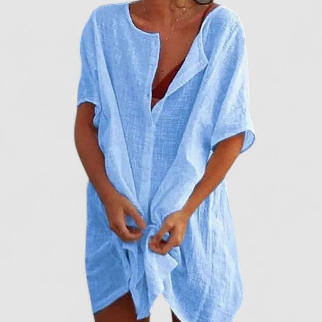 Women's Relaxed-Fit Short-Sleeve Open-Front Linen Tunic Dress - Blue