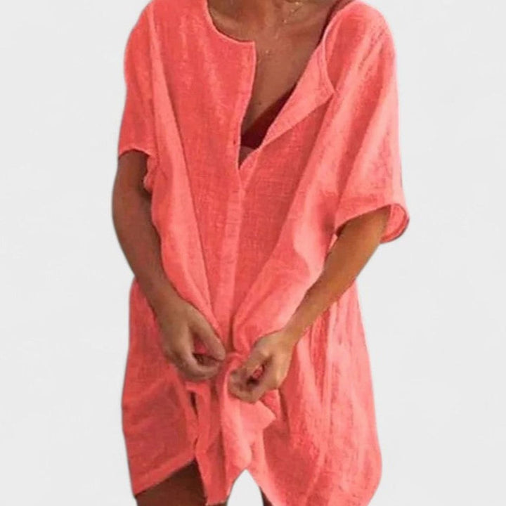 Women's Relaxed-Fit Short-Sleeve Open-Front Linen Tunic Dress - Red
