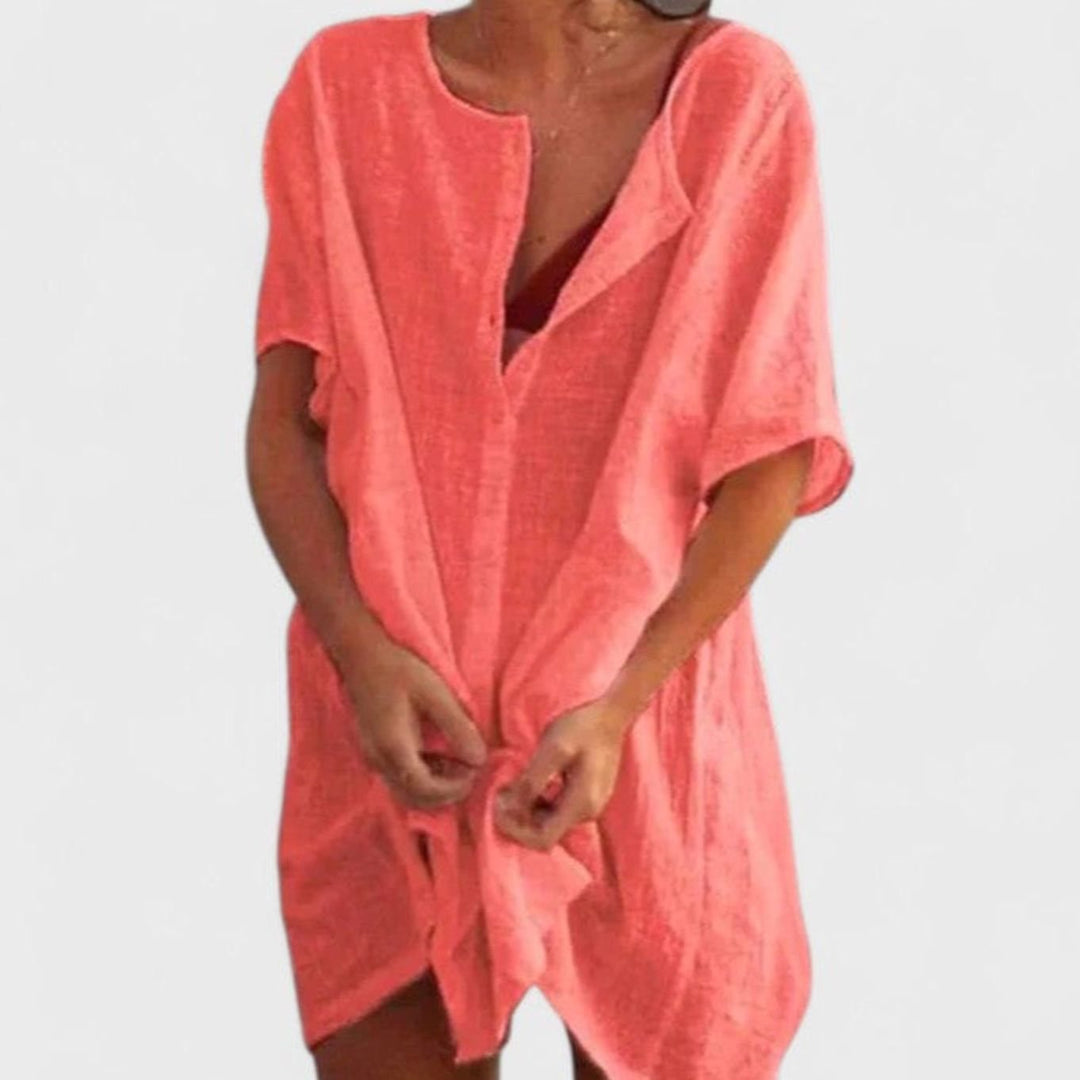 Women's Relaxed-Fit Short-Sleeve Open-Front Linen Tunic Dress