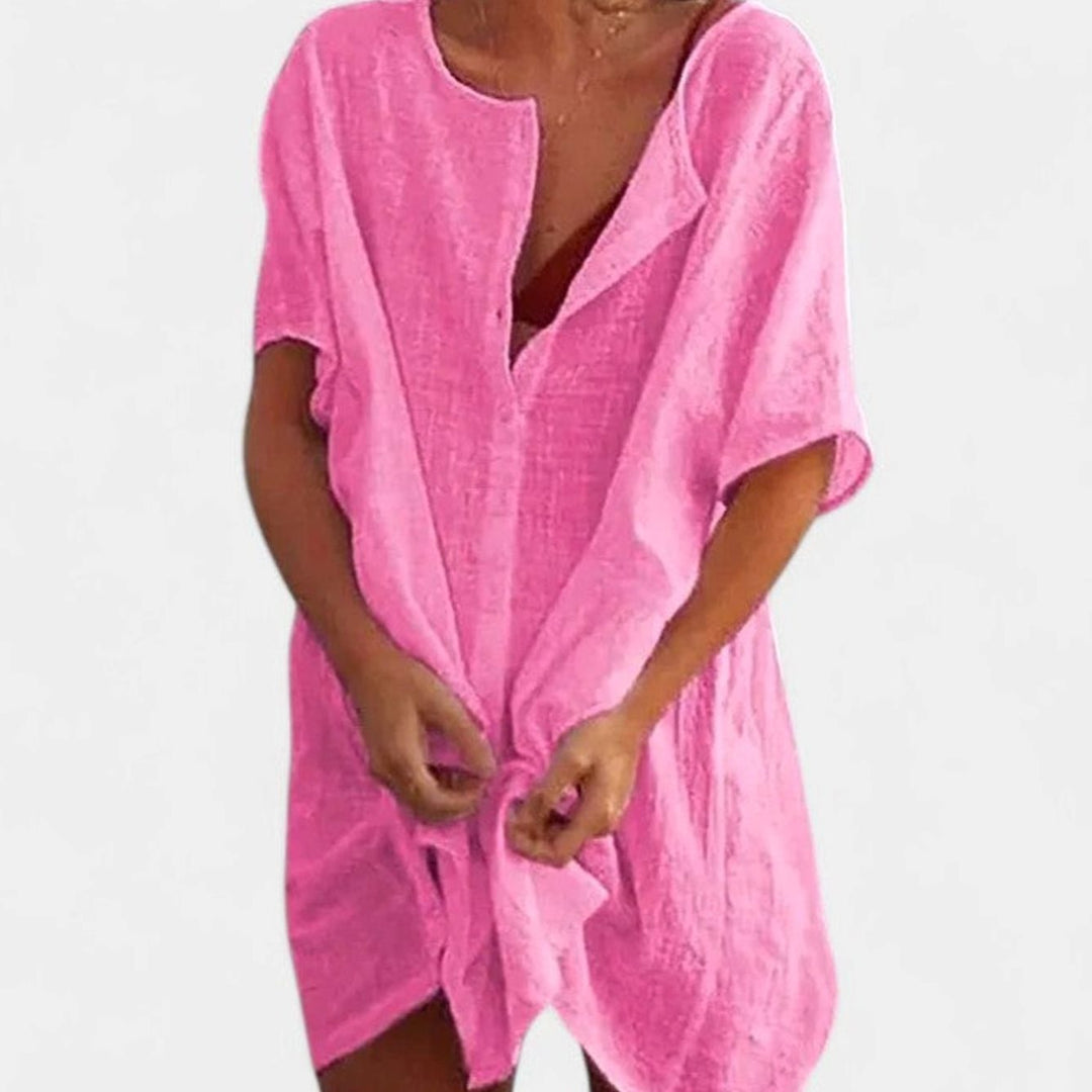 Women's Relaxed-Fit Short-Sleeve Open-Front Linen Tunic Dress - Pink